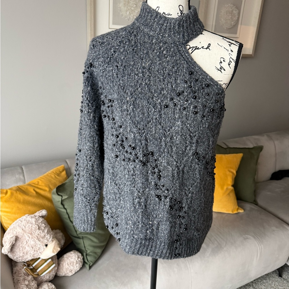 Zara Charcoal Off-Shoulder Sweater with Bead Accents